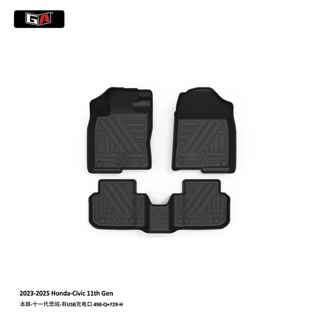 GA 3-Piece Non-Skid 3D TPE Car Mats for Honda CIVIC 11th Gen 2023-2025 Black Car Accessories
